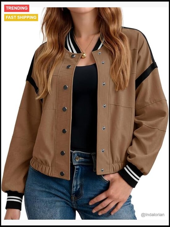 Jackets & Blazers - Cropped Bomber Jacket with Button Front and Side Pockets